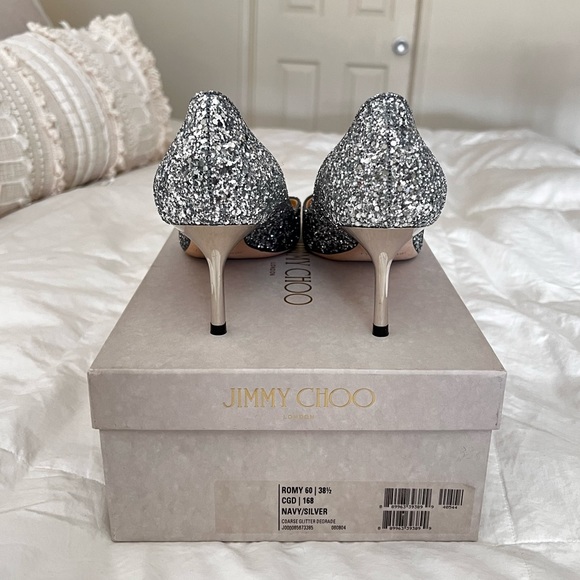 Jimmy Choo Romy 60 Silver and Blue Ombré Glitter Pointy Toe Pumps $190 - Picture 7 of 13